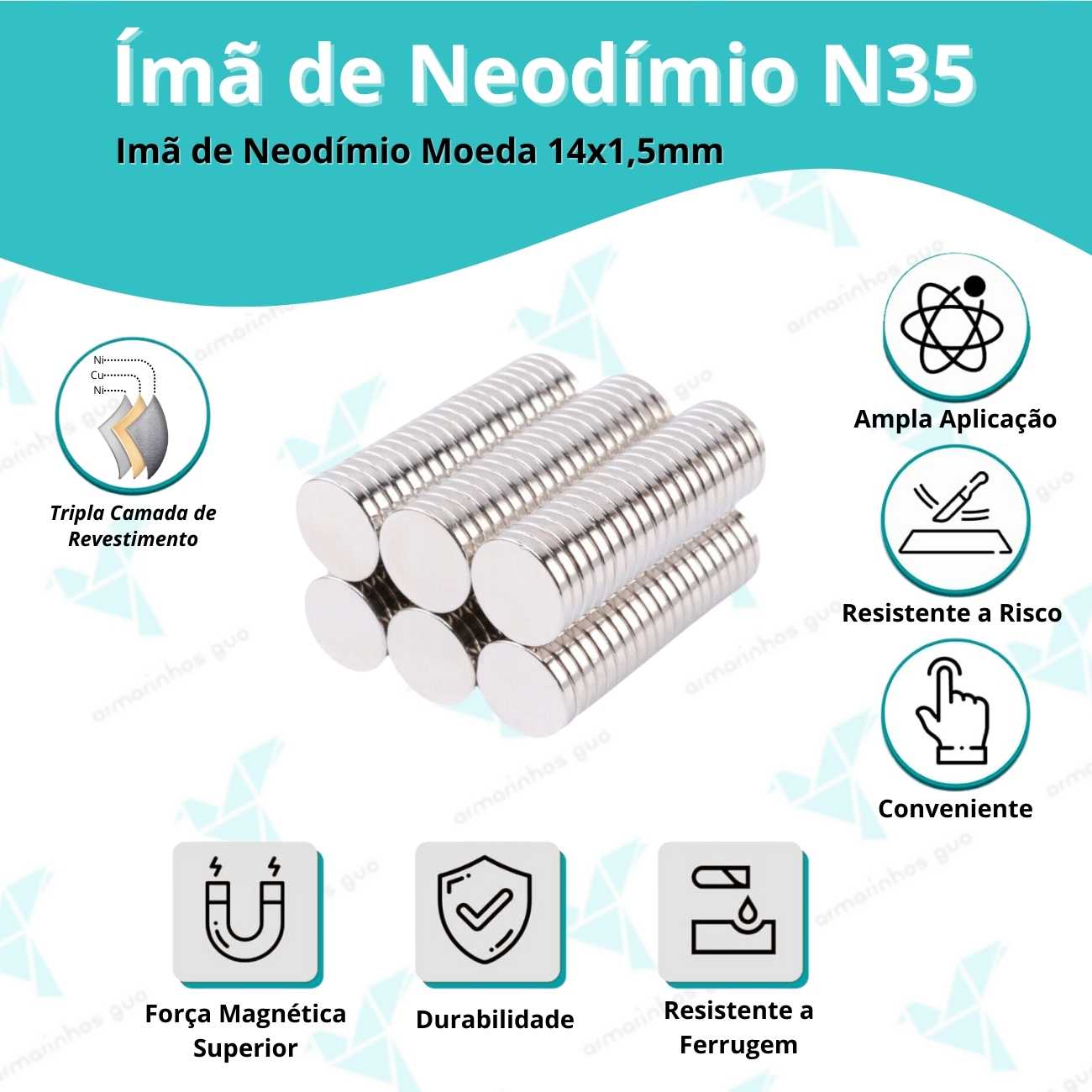 Imã Neodímio N35 14X1,5Mm - 10 Und