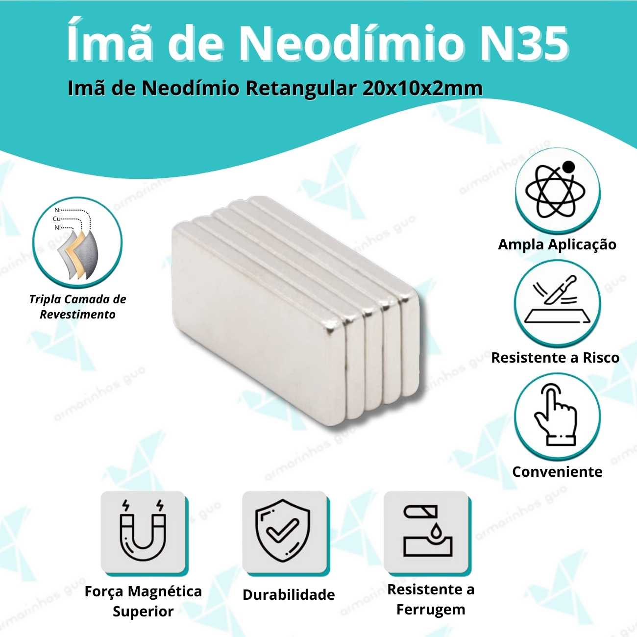 Imã Neodímio N35 20X10X2Mm - 1 Und