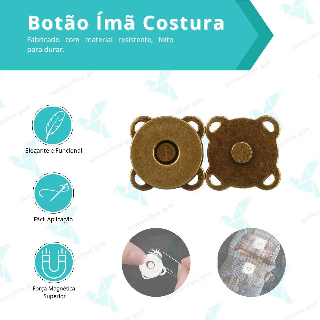 Botão Imã Costura 18Mm - 10 Und - Ouro Velho
